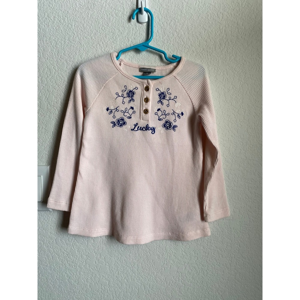 Lucky Brand Girls Floral Embroidered Waffle Knit Henley Size 4T Pink Boho